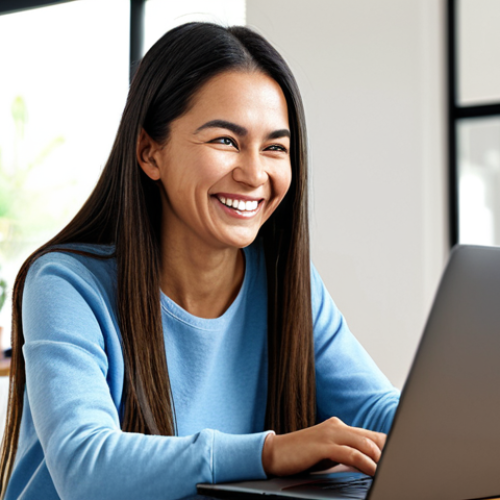 Home 19 Online Refund Search**
A woman smiling while using a laptop at home, searching for "Wetax Local Tax Refund" on the screen. The room is bright and cozy. Focus on her happy expression and the laptop screen. Fully clothed, casual attire, safe for work, professional digital art, perfect anatomy, correct proportions, natural pose, family-friendly.
**