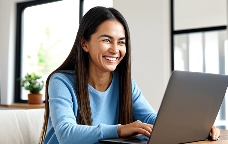Online Refund Search**
A woman smiling while using a laptop at home, searching for "Wetax Local Tax Refund" on the screen. The room is bright and cozy. Focus on her happy expression and the laptop screen. Fully clothed, casual attire, safe for work, professional digital art, perfect anatomy, correct proportions, natural pose, family-friendly.
**