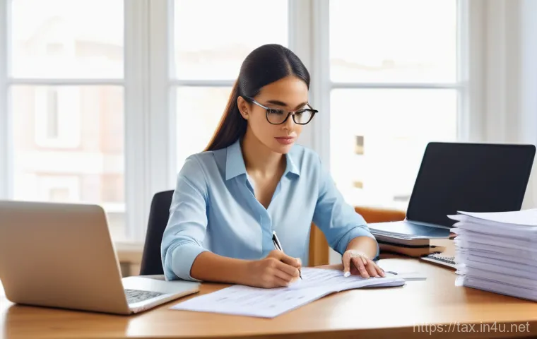 세무 상담 준비사항 - **Image Prompt 1: Diligent Entrepreneur Preparing for Tax Consultation** A young, focused entrep...
