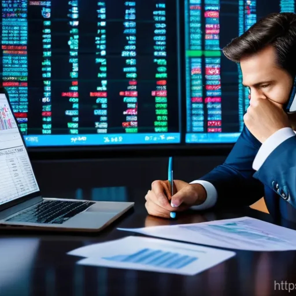 해외 주식 세금 신고 - A professional-looking investor in their late 30s sits at a modern desk, illuminated by the soft glo...