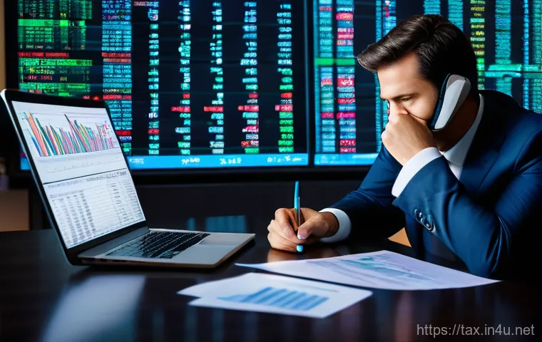 해외 주식 세금 신고 - A professional-looking investor in their late 30s sits at a modern desk, illuminated by the soft glo...