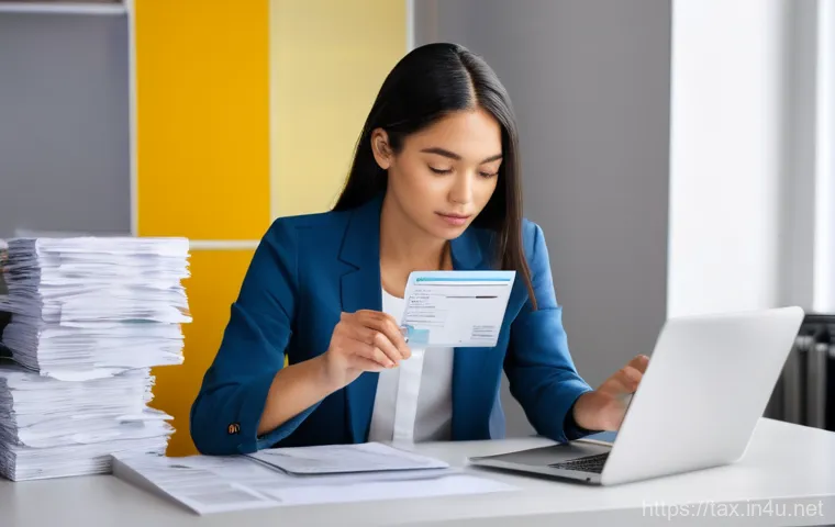 프리랜서 경비 처리 방법 - **Image Prompt 1: Organized Freelancer Managing Receipts for Tax Season** A young, focused femal...