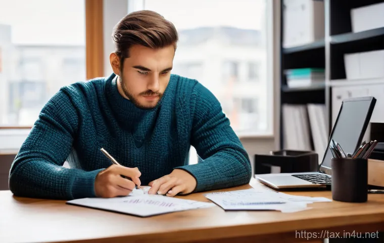 프리랜서 경비 처리 방법 - **Image Prompt 1: Organized Freelancer Managing Receipts for Tax Season** A young, focused femal...