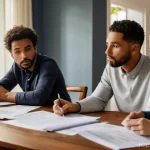 부동산 상속 분쟁과 세금 - A diverse group of adult siblings, dressed in modern, smart casual attire, are gathered around a lar...
