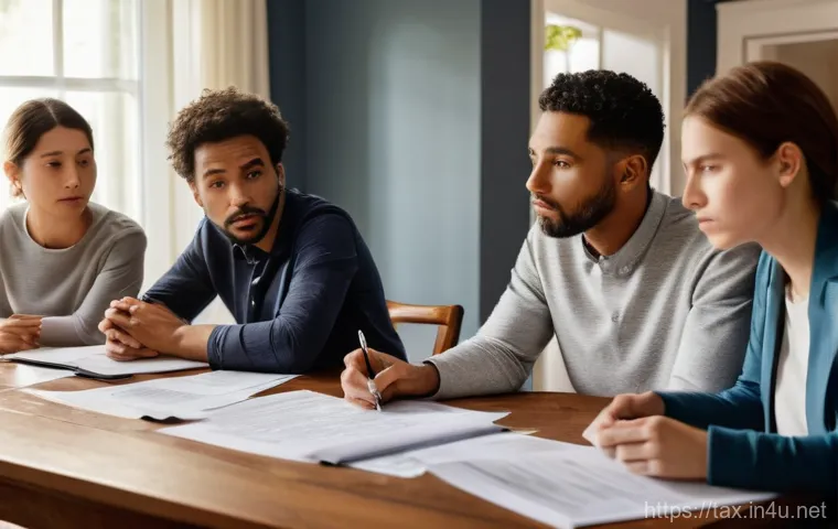 부동산 상속 분쟁과 세금 - A diverse group of adult siblings, dressed in modern, smart casual attire, are gathered around a lar...