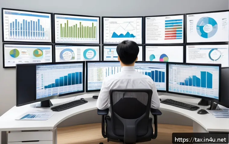 프리랜서 세금 계산법 - A detailed and professional office setting showing a freelance worker at a modern desk with multiple...