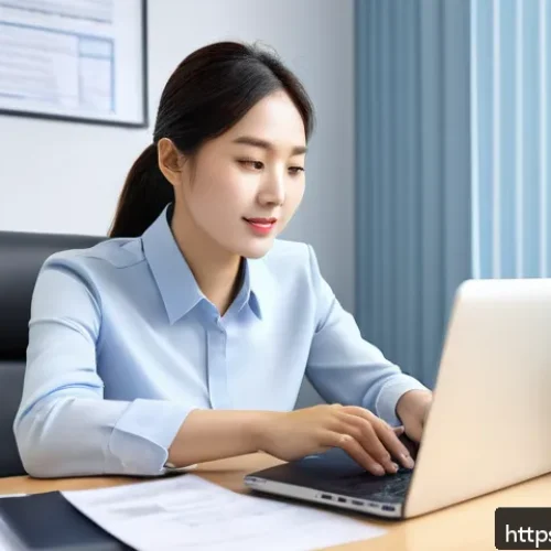 Home 30 사업소득과 근로소득 차이 - A professional office scene showing a corporate employee seated at a modern desk, dressed in busines...