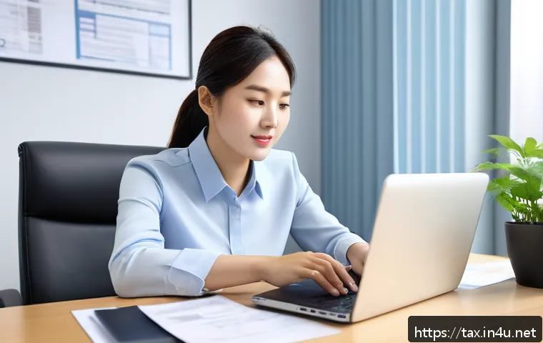 사업소득과 근로소득 차이 - A professional office scene showing a corporate employee seated at a modern desk, dressed in busines...