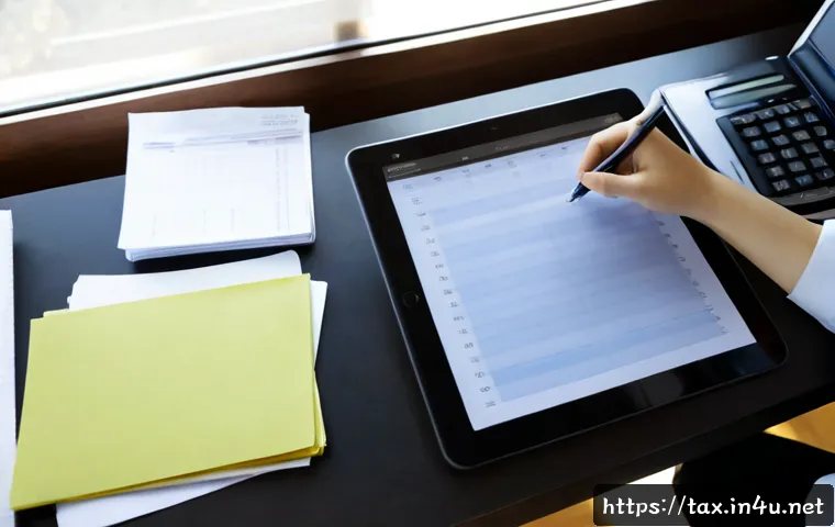 Home 17 부가가치세 신고 방법 - Photorealistic overhead view of a small business owner organizing tax filing materials at a clean ho...